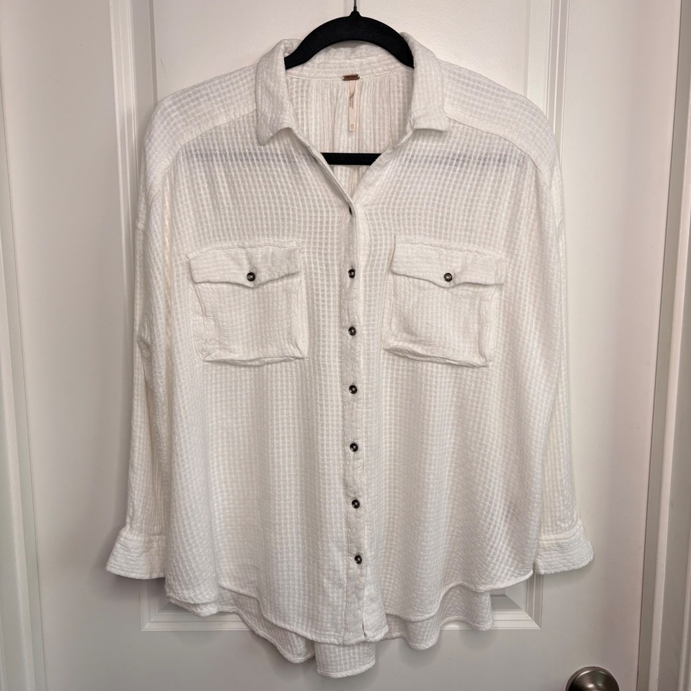 Free People White Button Down Shirt XS Waffle Weave Oversize Gauze Tunic Peasant